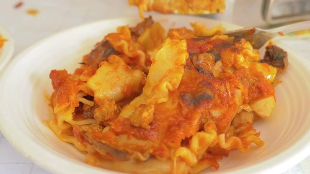 the partition of lasagna, typical Italian dish,in the plates
