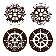 Vector black and white set of sea helm. Collection logo of sea helm with flowers and ribbon