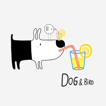 Dog & Bird drinking lemonade, vector illustration