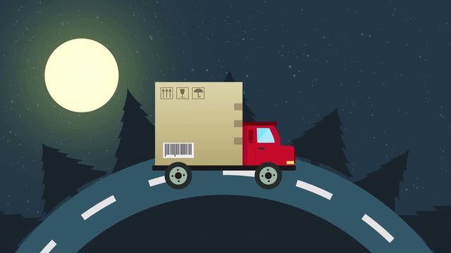Colorful animation of delivery flat van with a big box on the road at the night with big moon and many stars, copy space for your text or logo seamless loop, delivery service concept. full hd and 4k.