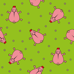 Seamless vector pattern for children. pig top view and chamomile on a green background.