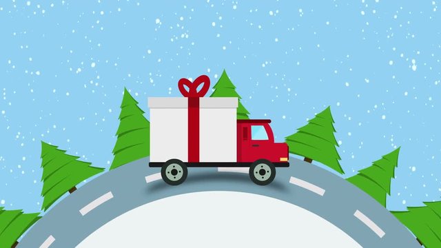 Colorful animation of Christmas and New Year greeting card with gift delivery van goes on winter road in snow at Morning seamless loop with copyspace, Christmas Gift Delivery Concept.