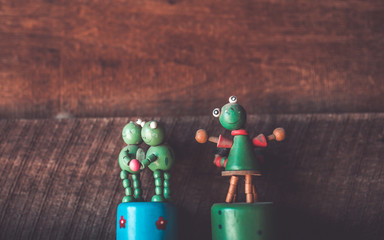 Cartoon dolls on a colorful plastic cans in a vintage style.