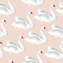 White birds  seamless pattern. Wildlife background. Swimming swans tile ornament