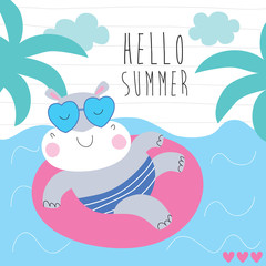 Obraz premium cute hippo having fun on the beach vector illustration
