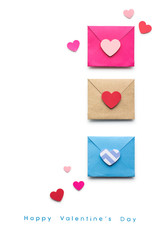 Love message / Creative valentines concept photo of  three envelopes with hearts made of paper on white background.