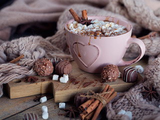 Christmas or New Year composition with hot chocolate or cocoa an