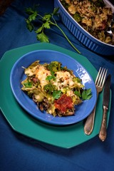 Ribbon pasta Casserole with chorizo and vegetables