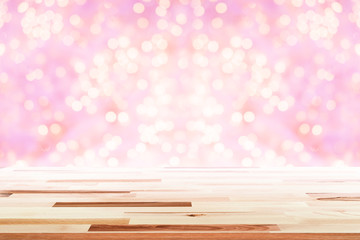 Empty wooden table with pink bokeh background blurred. Concept c