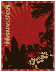 red surf poster with palms and tables