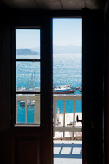 Fototapeta na wymiar A view of the beautiful ocean from a balcony. Sea views. View of the bay with beautiful yachts. Best hotel overlooking the sea, Summer Dream 