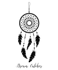 American Indians amulet. Dream catcher with feathers and beads on a white background. Boho style.