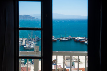Fototapeta na wymiar A view of the beautiful ocean from a balcony. Sea views. View of the bay with beautiful yachts. Best hotel overlooking the sea, Summer Dream 