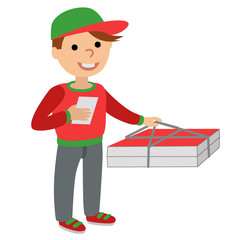Pizza delivery man in uniform standing with box in his hands