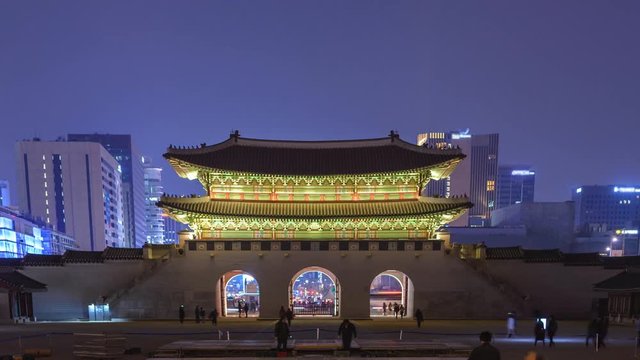 Timelapse at Gwanghwamun Gate by night, Seoul, South Korea, 4K Time lapse