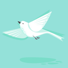 Flying dove bird vector flat style illustration. Minimalistic geometrical shapes design with cute bird, animal illustration. Small white dove bird isolated on blue