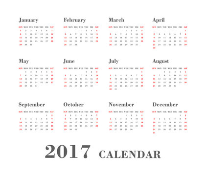 Calendar 2017 On White Background. Week Starts Sunday.