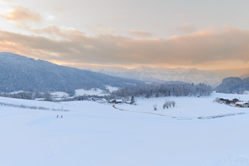 Fototapeta na wymiar sunset in winter Landscape in Berchtesgaden, Bavaria