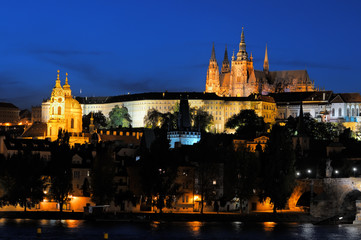 Evening view of Prague Castle and Charles Bridge from Novotneho