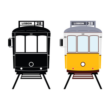 Lisbon tramway in black and yellow color illustration