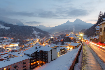 City of Berchtesgaden at sunset on a cold winter evening, long time exposure