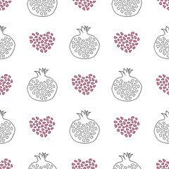 Abstract pomegranate and stylized hearts pattern. Hand drawn seamless background.