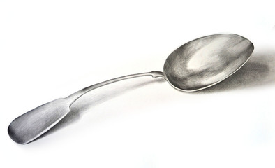 Antique silver dessert spoon isolated on white background. Realistic hand drawing with pencil on paper