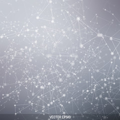 Abstract pattern with white geometric shapes and dots.