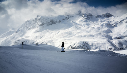 Fototapeta na wymiar Skiers on slope. Lech, Austria