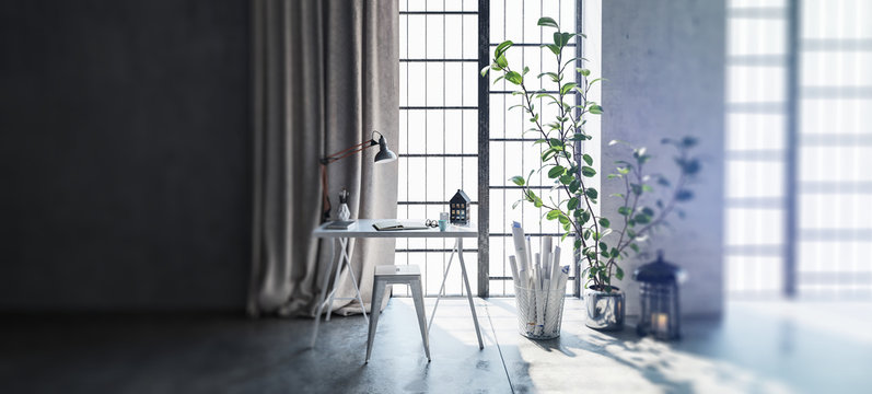 Desk and houseplant by windows in apartment