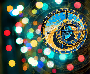 Naklejka premium Prague Astronomical Clock on Xmas lights background