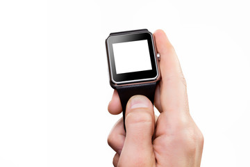 Closeup male hand holding smart watch isolated at white