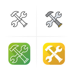 Hammer and wrench options icon. Flat design, linear color styles. Isolated vector illustrations.