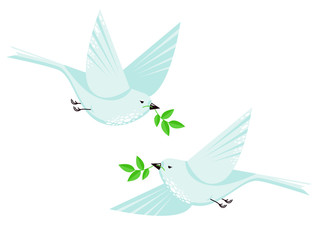 Flying dove bird couple and branch with leaves vector flat style illustration. Minimalistic geometrical shapes design with cute bird, animal illustration. White dove isolated on white. Symbol of peace