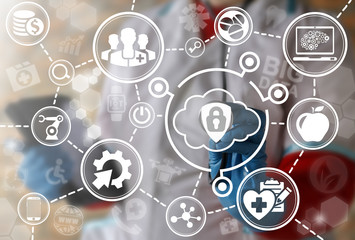 Cloud iot insurance security web computing integration concept. Storage shield lock icon internet...