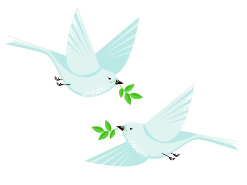 Flying Dove Bird Couple And Branch With Leaves Vector Flat Style Illustration. Minimalistic Geometrical Shapes Design With Cute Bird, Animal Illustration. White Dove Isolated On White. Symbol Of Peace