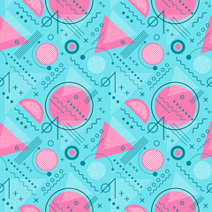Seamless 1980s inspired graphic pattern of lines and geometric shapes. memphis style