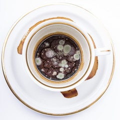 mold in the unwashed cup after cup of coffee on white background