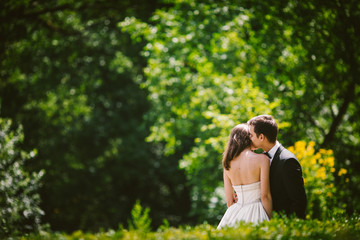 Look over green bushes at groom kissing bride's head tender whil