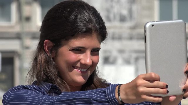 Cute Woman Taking Selfie With Tablet