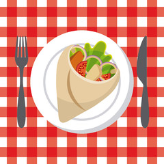 fork and knife and wrap with vegetebles. fast food concept. colorful design. vector illlustration