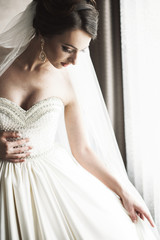 Soft daylight illuminates luxurious bride posing before a window