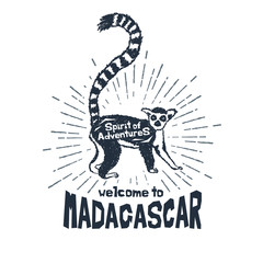 Hand drawn label with textured lemur vector illustration and "Welcome to Madagascar" lettering.