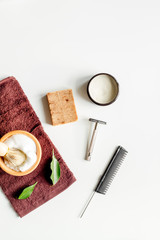 Fototapeta na wymiar Mens hairdressing desktop with tools for shaving top view