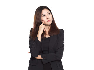 Young business woman making thinking gestures, asian girl isolated on white background