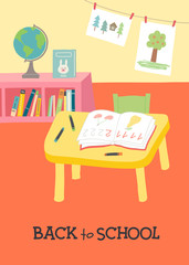 Back to school card, poster design. Kindergarten Preschool Classroom Interior.
