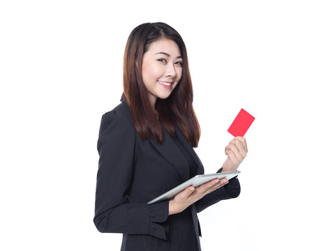 Business woman holding tablet and red card in hands isolated on white background, smart card concept
