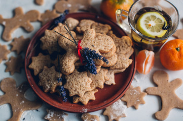 Christmas or new year gingerbread cookies on a plate