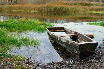 old boat full of water, the shore of the autumn river