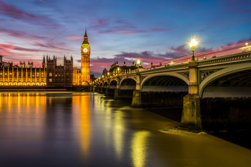 Big Ben, Houses of Parliament and Westminster Bridge, London at night. - 134650244